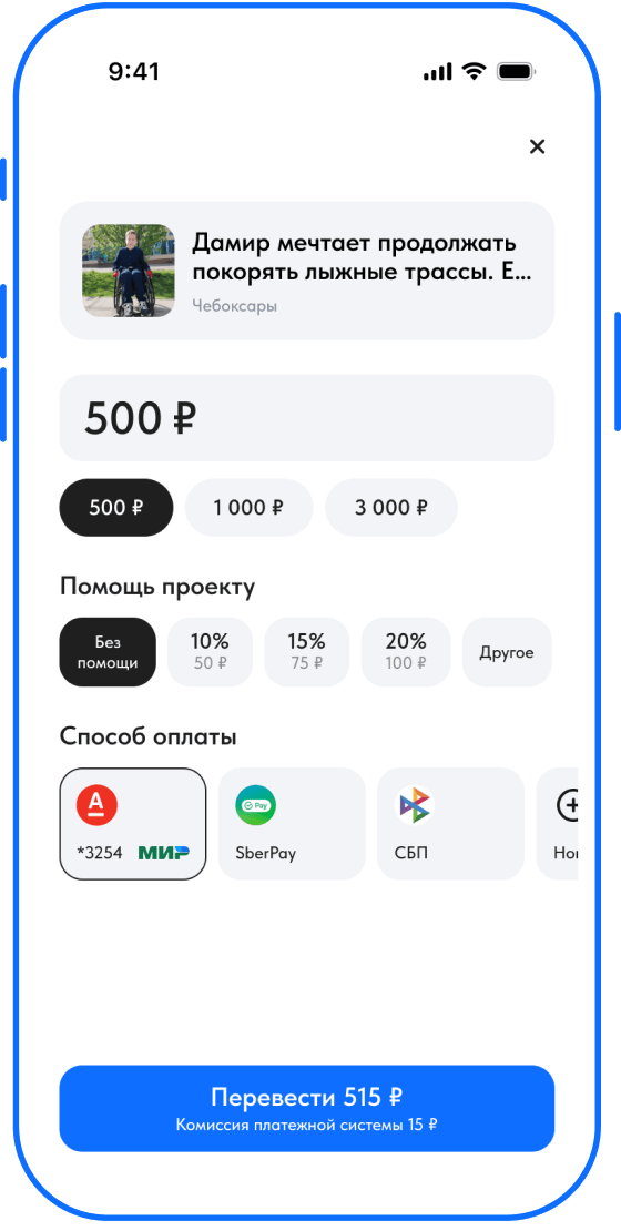 Экран оплаты в приложении: выбор суммы поддержки и способа оплаты